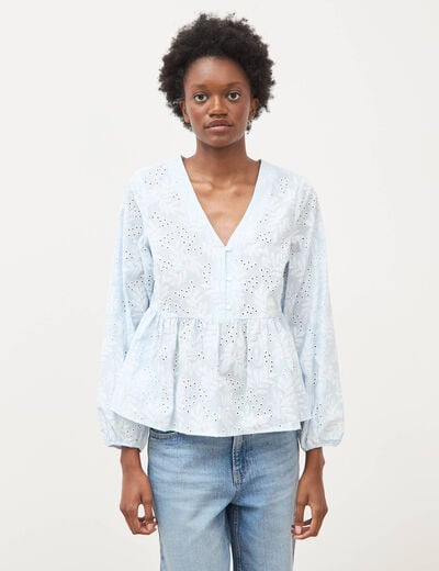 Chemise col v manches longues en coton blanc femme