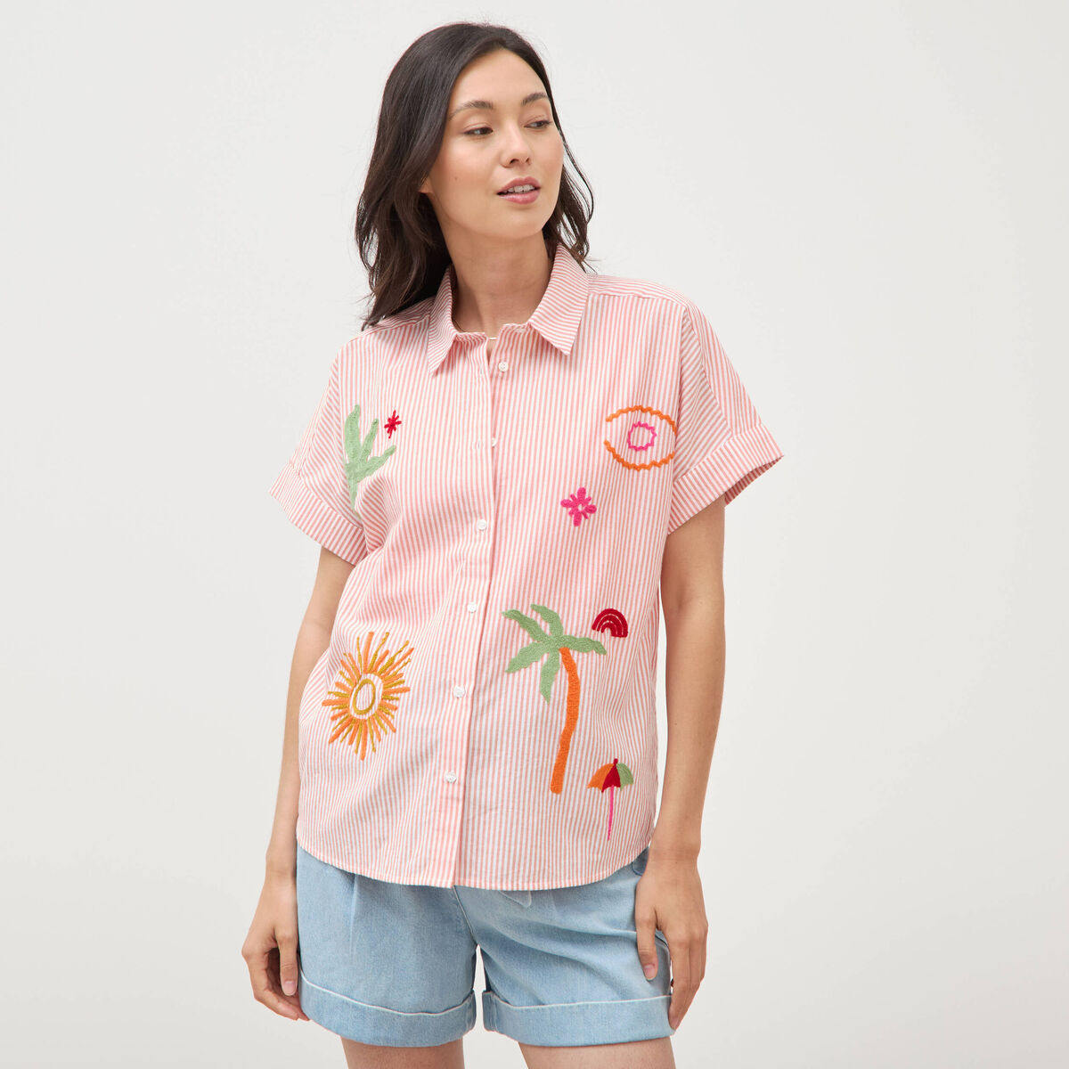 Chemise ample en coton &agrave; broderie orange abricot femme