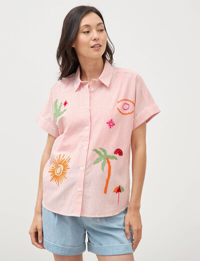 Chemise ample en coton &agrave; broderie orange abricot femme