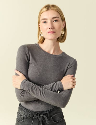 T-shirt cintr&eacute; manches longues col rond gris fonc&eacute; femme