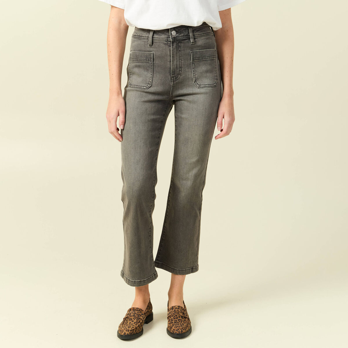 Jeans bootcut cropped taille haute denim gris femme