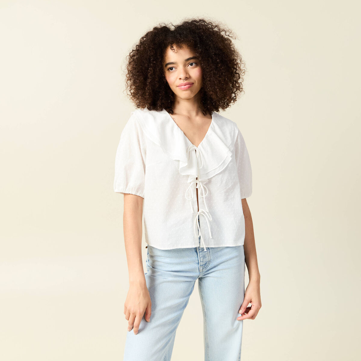 Blouse manches courtes nouée ecru femme