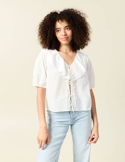 Blouse manches courtes nouée ecru femme