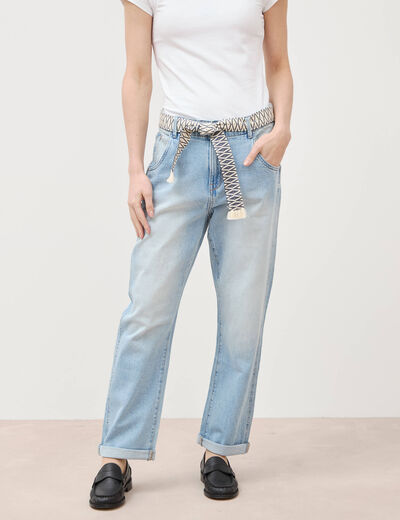 Jeans boyfriend ceintur&eacute; denim bleach femme