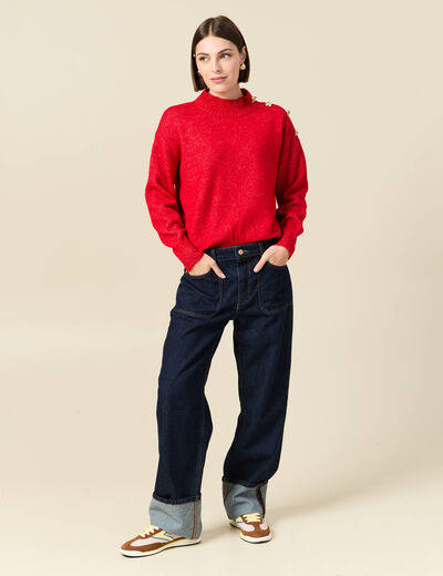 Pull col montant manches longues rouge femme