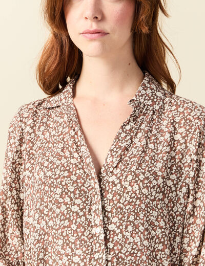 Blouse droite courte manches longues marron femme