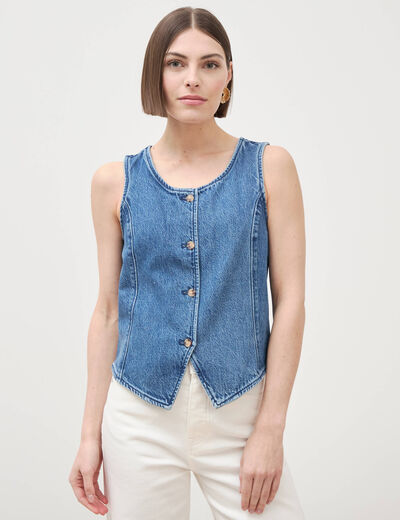 Gilet en jeans sans manches col rond denim used femme