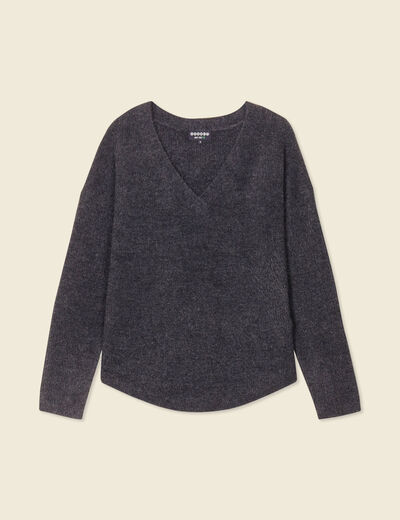 Pull manches longues col en V gris foncé femme