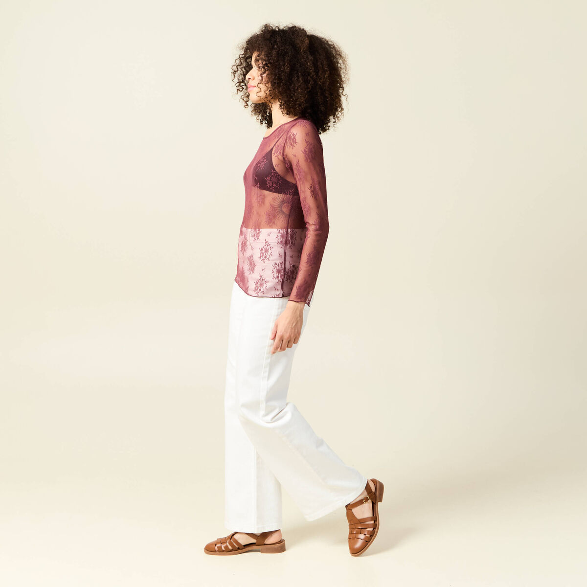 T-shirt ajust&eacute; manches longues col rond bordeaux femme