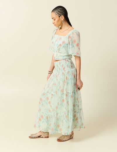 Top cintr&eacute; court voile col carr&eacute; vert pastel femme
