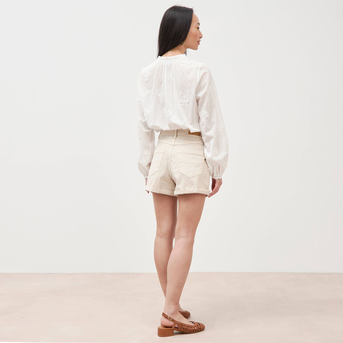 Short mom taille haute denim blanc femme