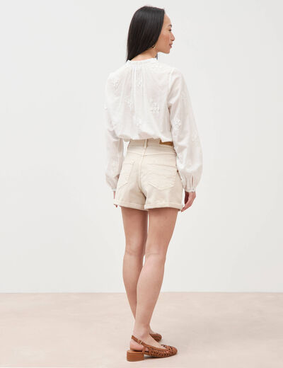 Short mom taille haute denim blanc femme
