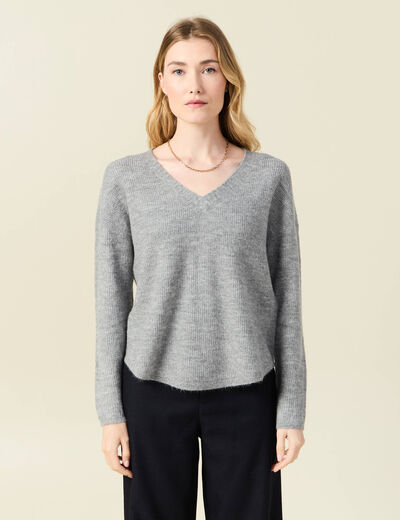 Pull manches longues col en V gris clair femme