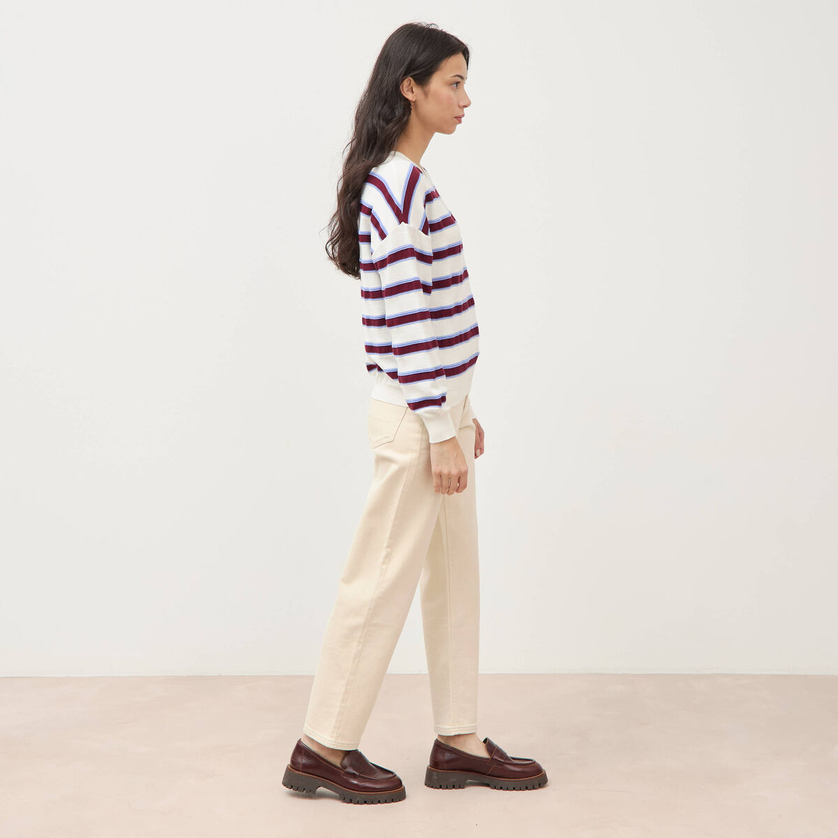 Pull col rond manches longues en coton marron chocolat femme