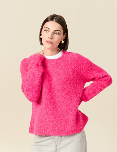 Pull manches longues col rond rose femme