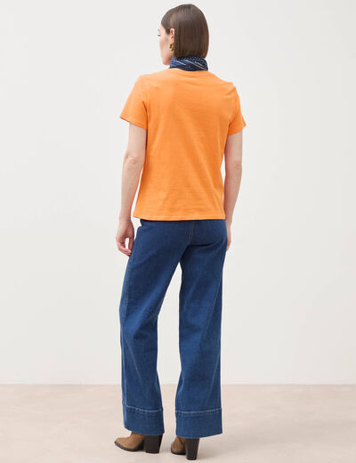 T-shirt cintr&eacute; col rond manches courtes orange clair femme