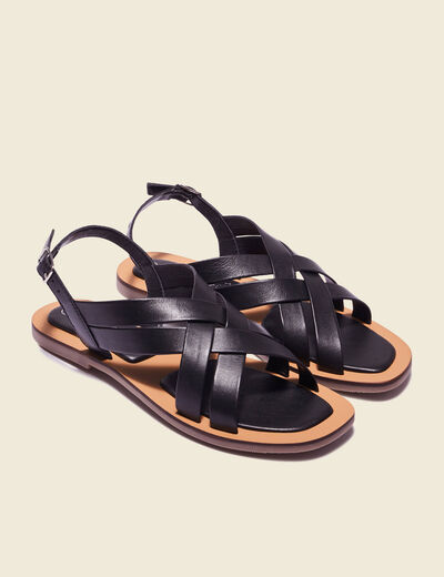 Sandales plates en cuir noir femme