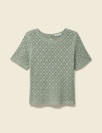T-shirt ajour&eacute; col rond manches courtes vert kaki femme