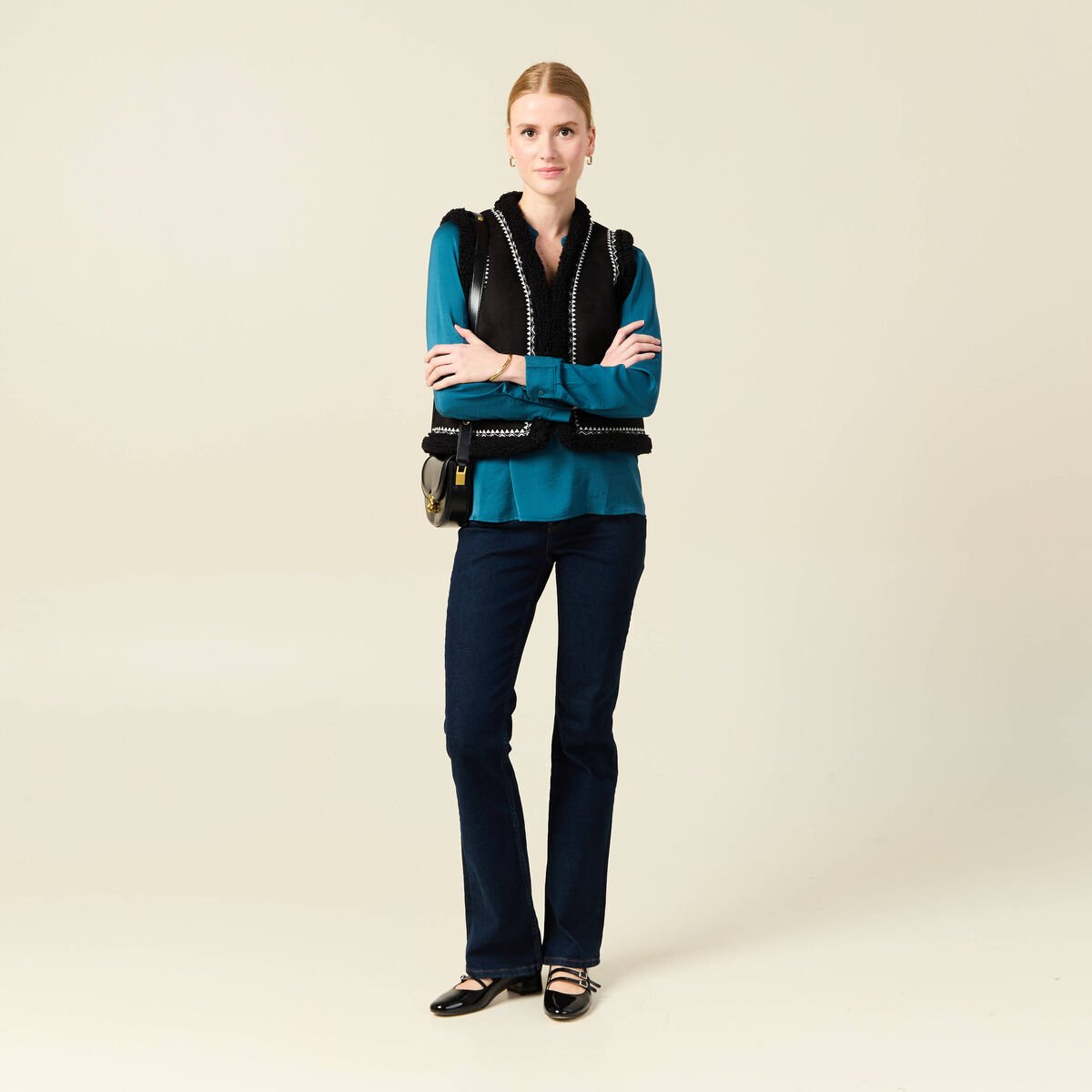 Blouse manches longues satin bleu gris femme