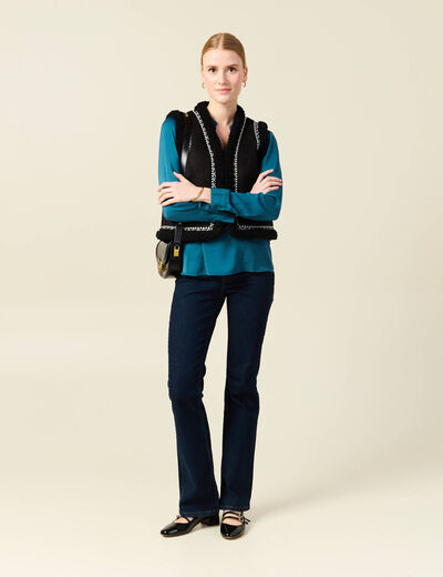 Blouse manches longues satin bleu gris femme