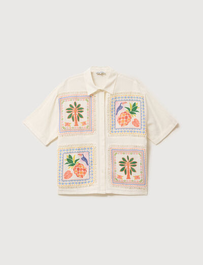 Chemise ample brod&eacute;e manches courtes blanc femme