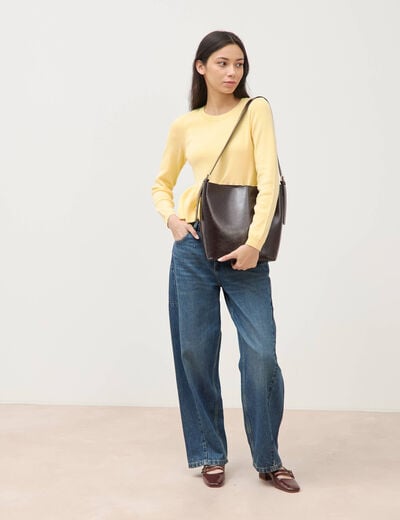 Pull col rond manches longues jaune clair femme