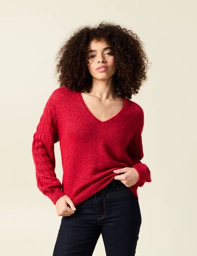 Pull ajour&eacute; col V manches longues rouge femme