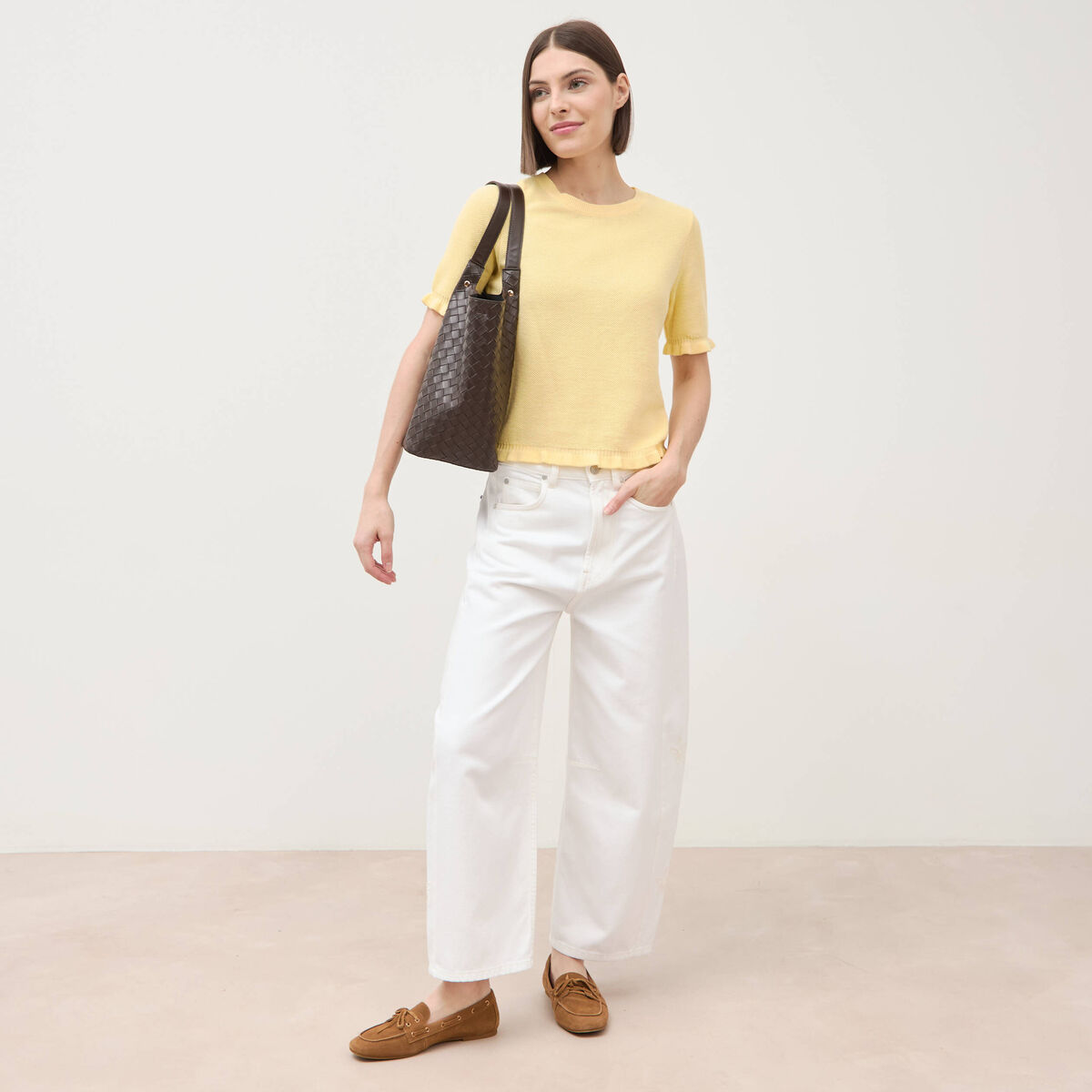 Jeans barrel taille haute 7/8&egrave;me denim blanc femme