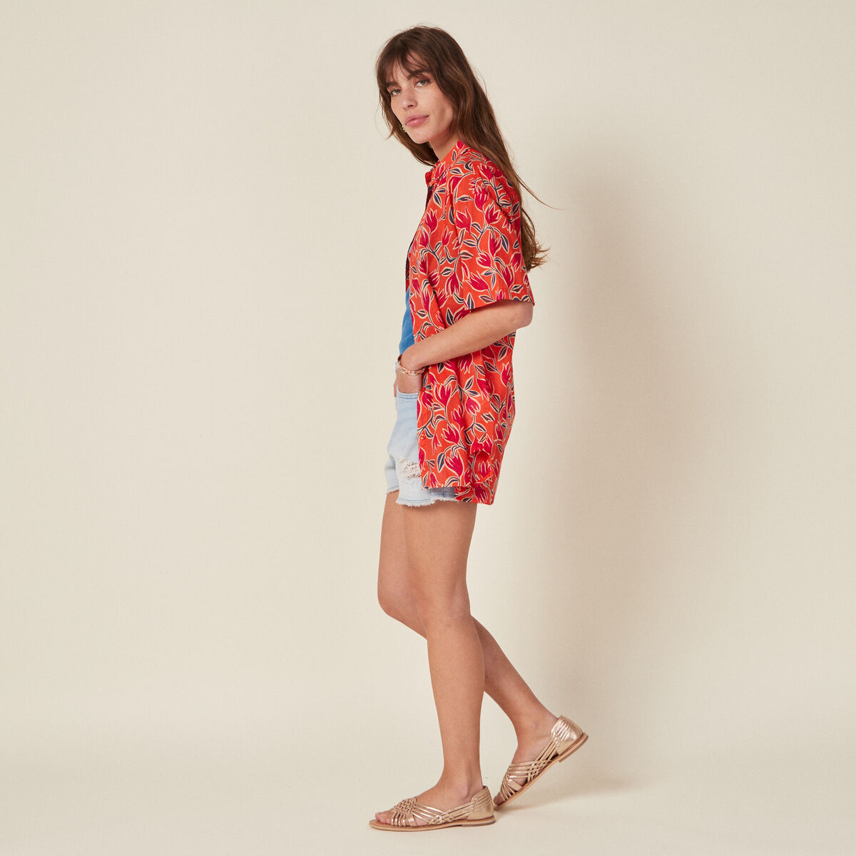 Chemise en coton manches courtes orange femme