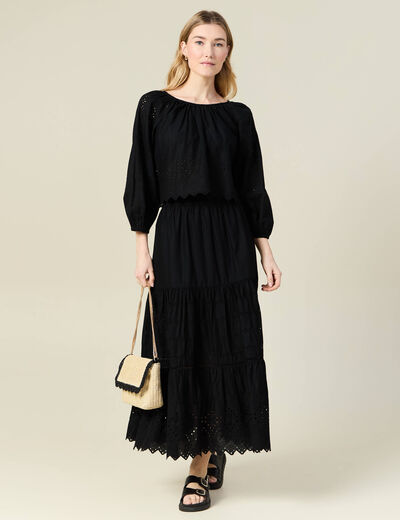 Blouse manches 3/4 brodée noir femme