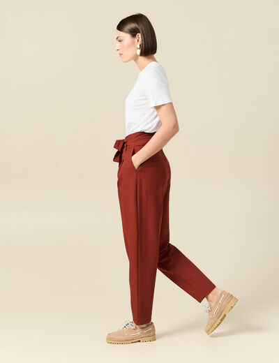 Pantalon carotte taille haute marron cognac femme