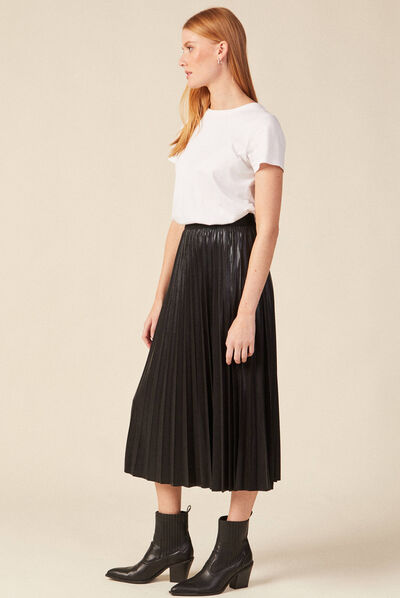 Jupe midi évasée plissée noir femme