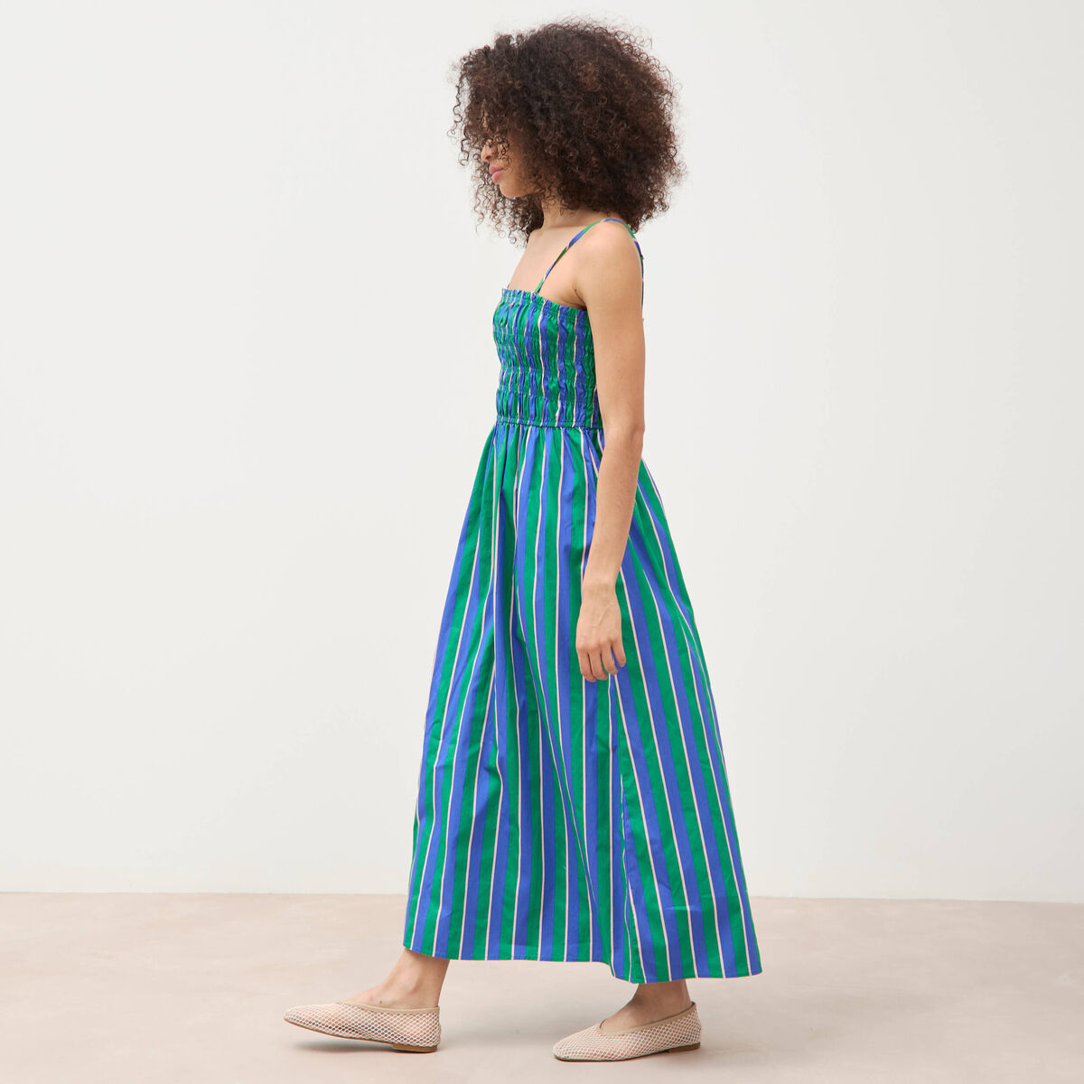Robe bretelles col carr&eacute; en coton bleu femme