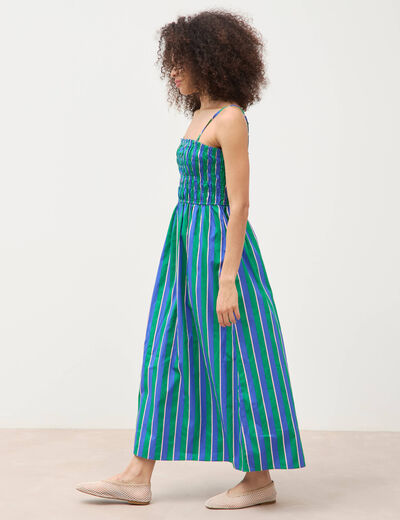 Robe bretelles col carr&eacute; en coton bleu femme