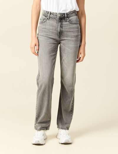 Jeans straight taille haute 7/8ème denim gris clair femme