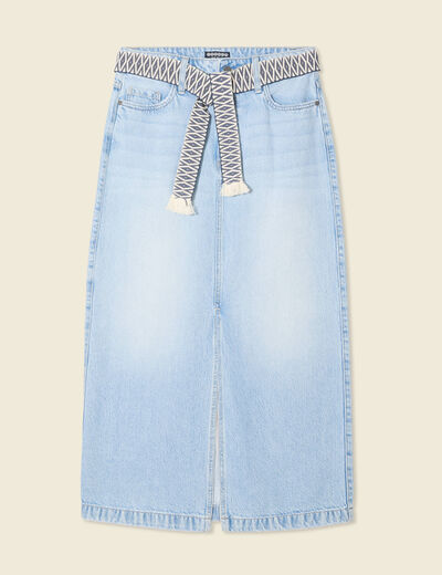 Jupe longue droite en jean denim bleach femme