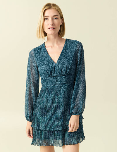 Robe &eacute;vas&eacute;e bas pliss&eacute; bleu canard femme
