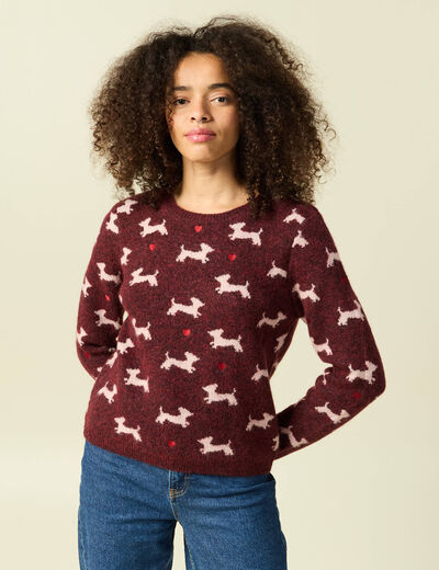 Pull de no&euml;l col rond manches longues prune femme