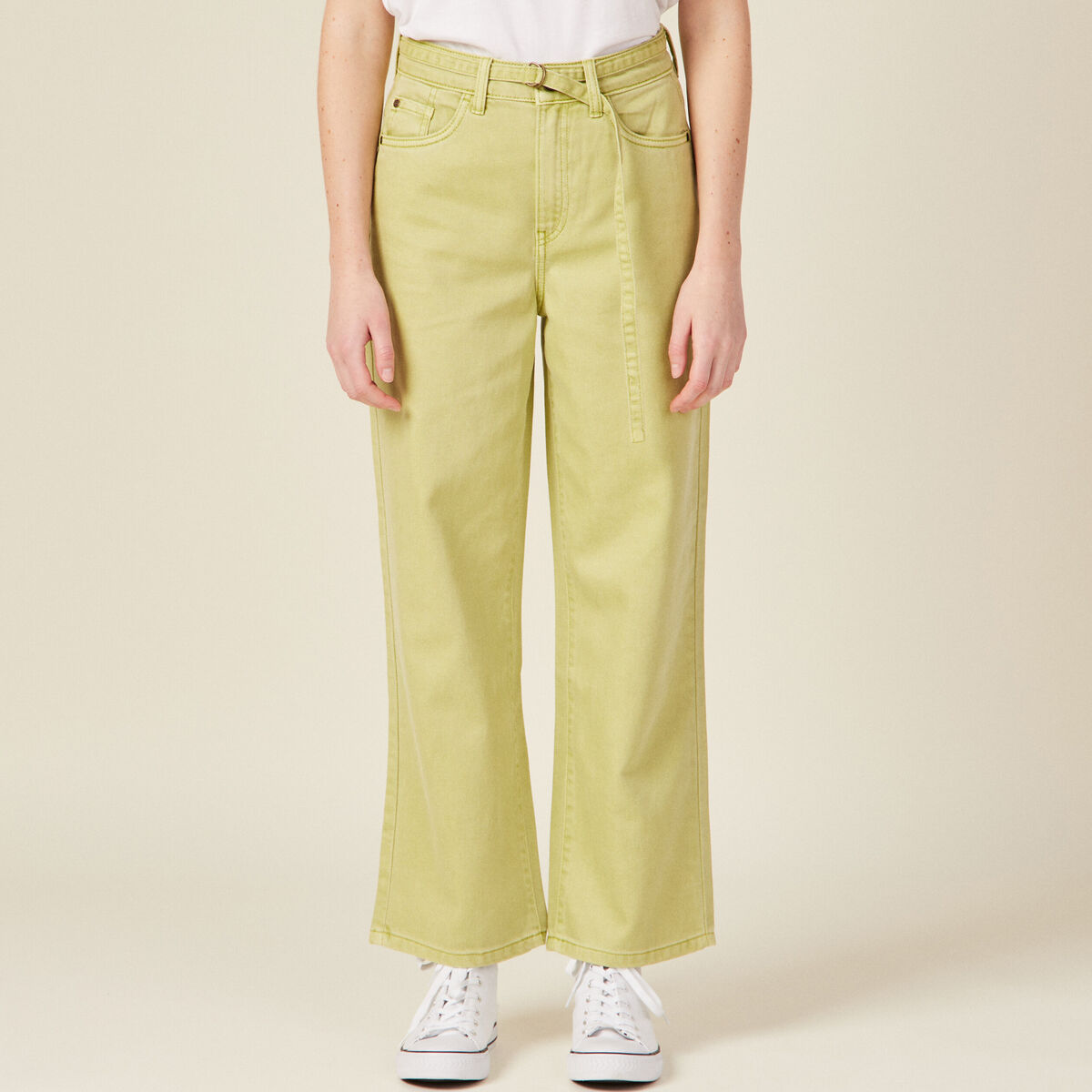 Jeans large taille haute vert anis femme