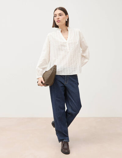 Blouse col mao manches longues en coton ecru femme