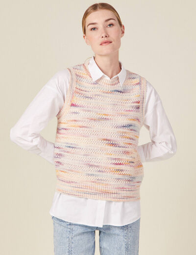 Pull sans manches ajouré creme femme