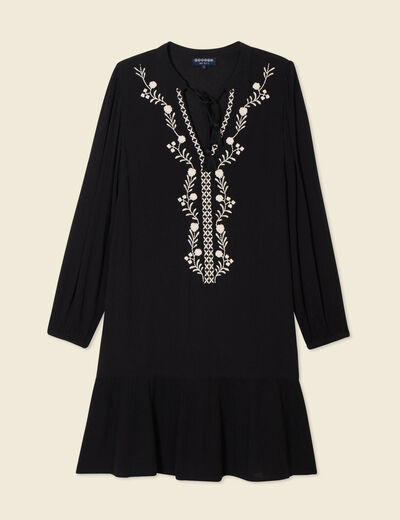 Robe évasée broderie noir femme