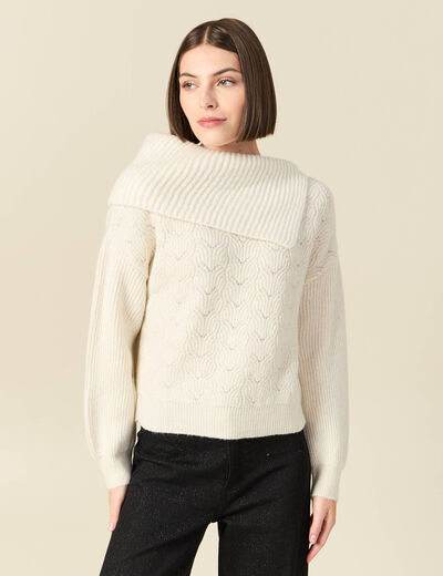 Pull ajour&eacute; manches longues bardot ecru femme