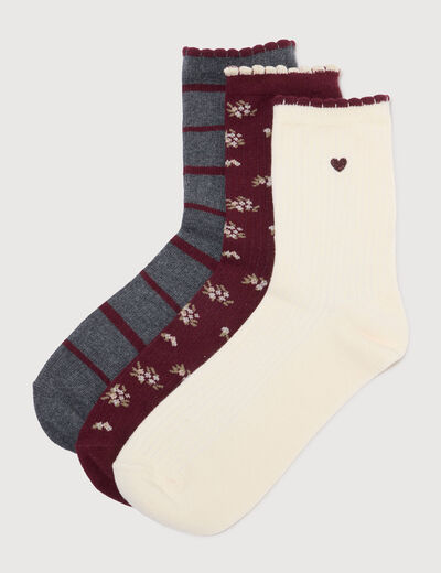 Lot de 3 paires chaussettes hautes bordeaux femme