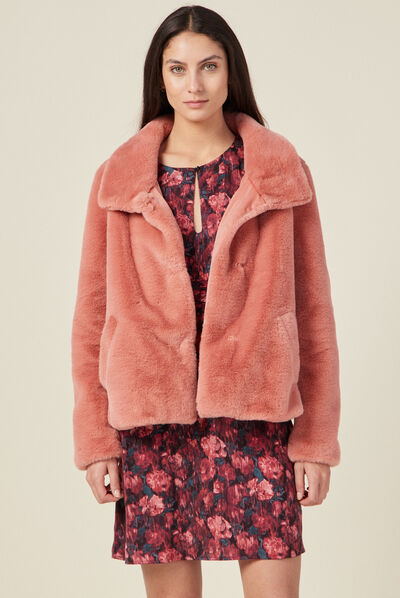 Manteau droit fausse fourrure rouge clair femme
