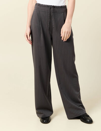 Pantalon large ceinture tissu fluide gris femme