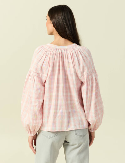 Blouse en coton &agrave; carreaux blanc femme