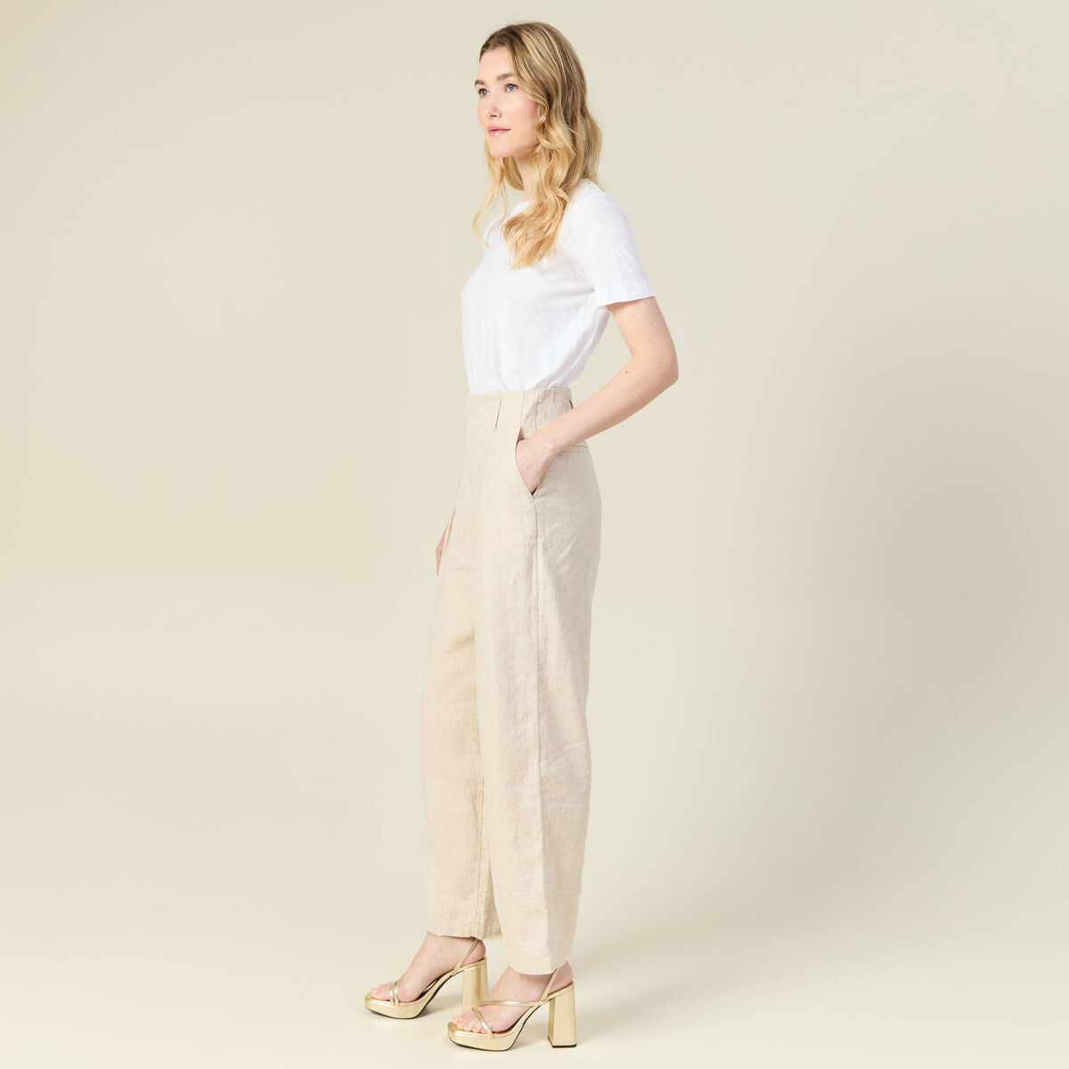 Pantalon large taille haute sable femme