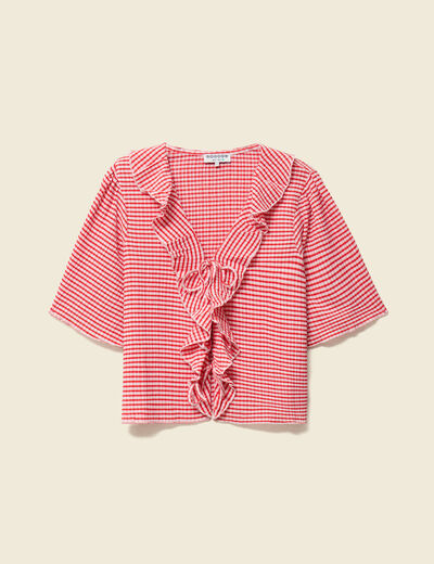 T-shirt col V &agrave; volants manches courtes rouge fonc&eacute; femme