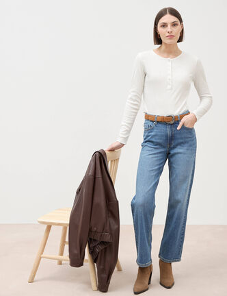 Jeans straight 7/8&egrave;me taille haute denim stone femme